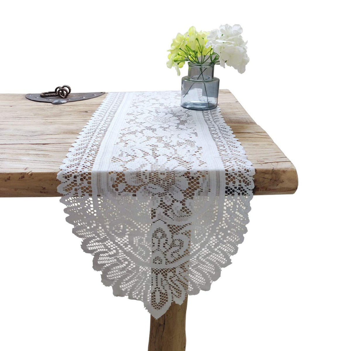 Tinsow crochet lace runner in white on a 13x44 table, adds elegant protection and style.