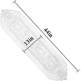Tinsow table accent lace runner, white with scalloped edge, enhances bureau or dresser surface.