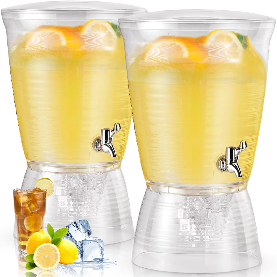 Tioncy 2pcs acrylic beverage dispensers with spigot and ice base on display for guests.
