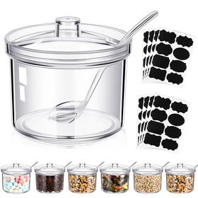 Tioncy 6-pack acrylic sugar jars with lids and spoons for organized kitchen storage.
