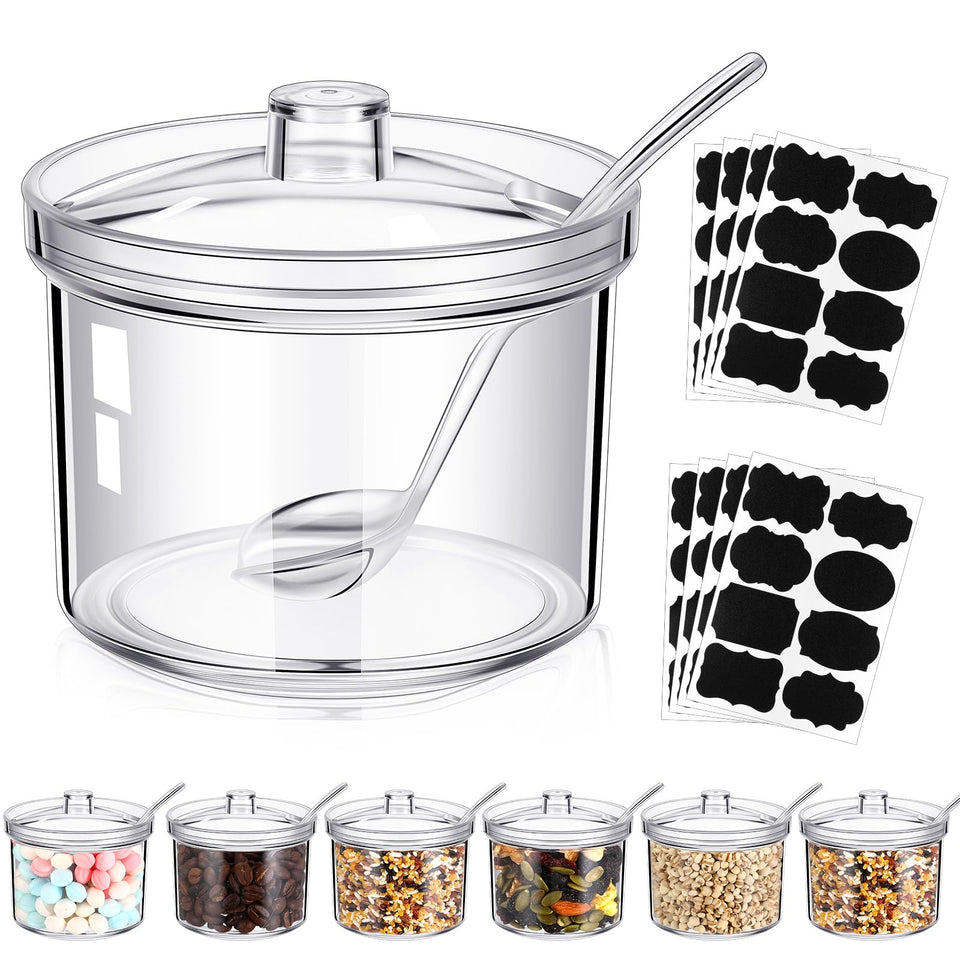 Tioncy 6-pack acrylic sugar jars with lids and spoons for organized kitchen storage.
