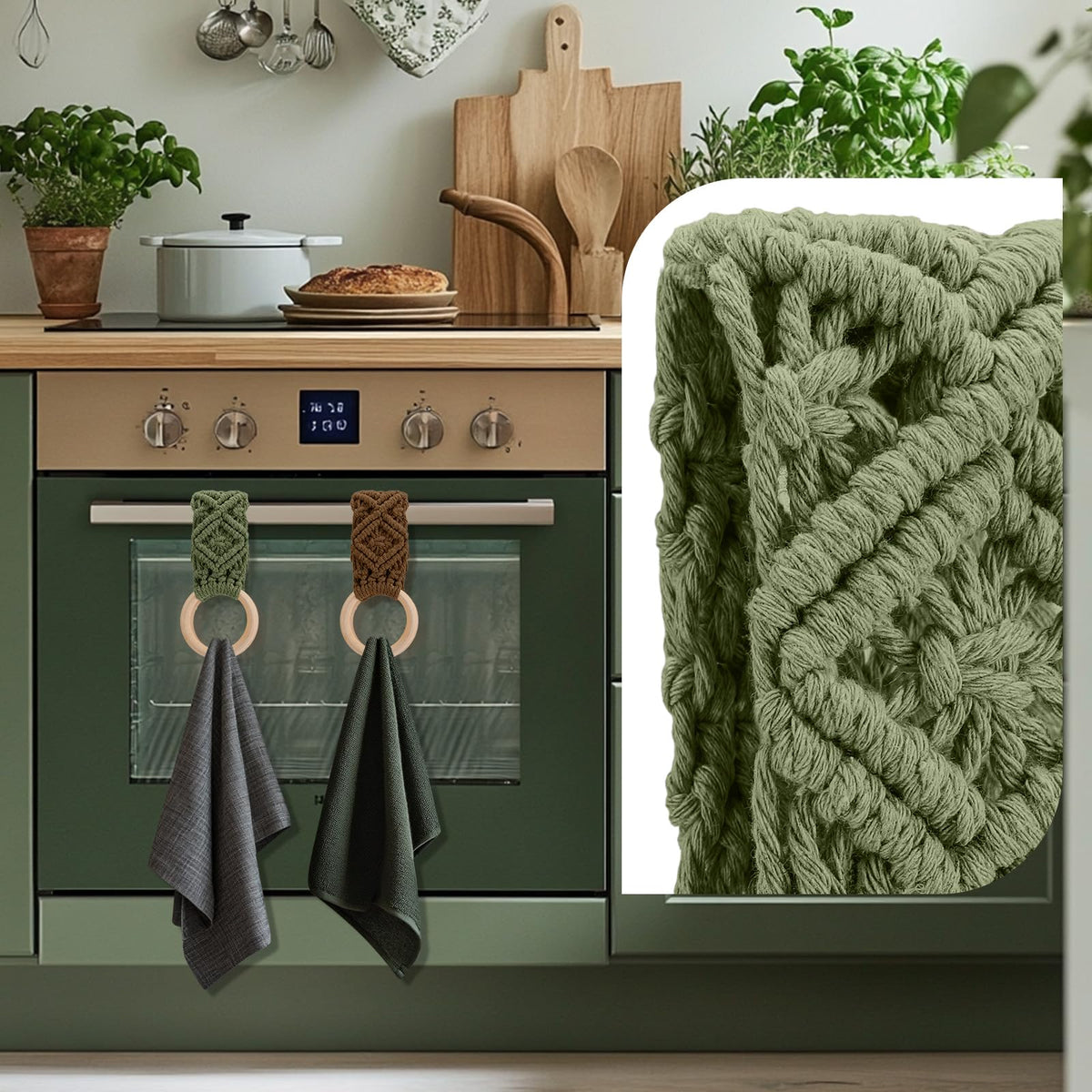 Tioncy crochet kitchen towel ring on a cabinet door adds soft elegance.