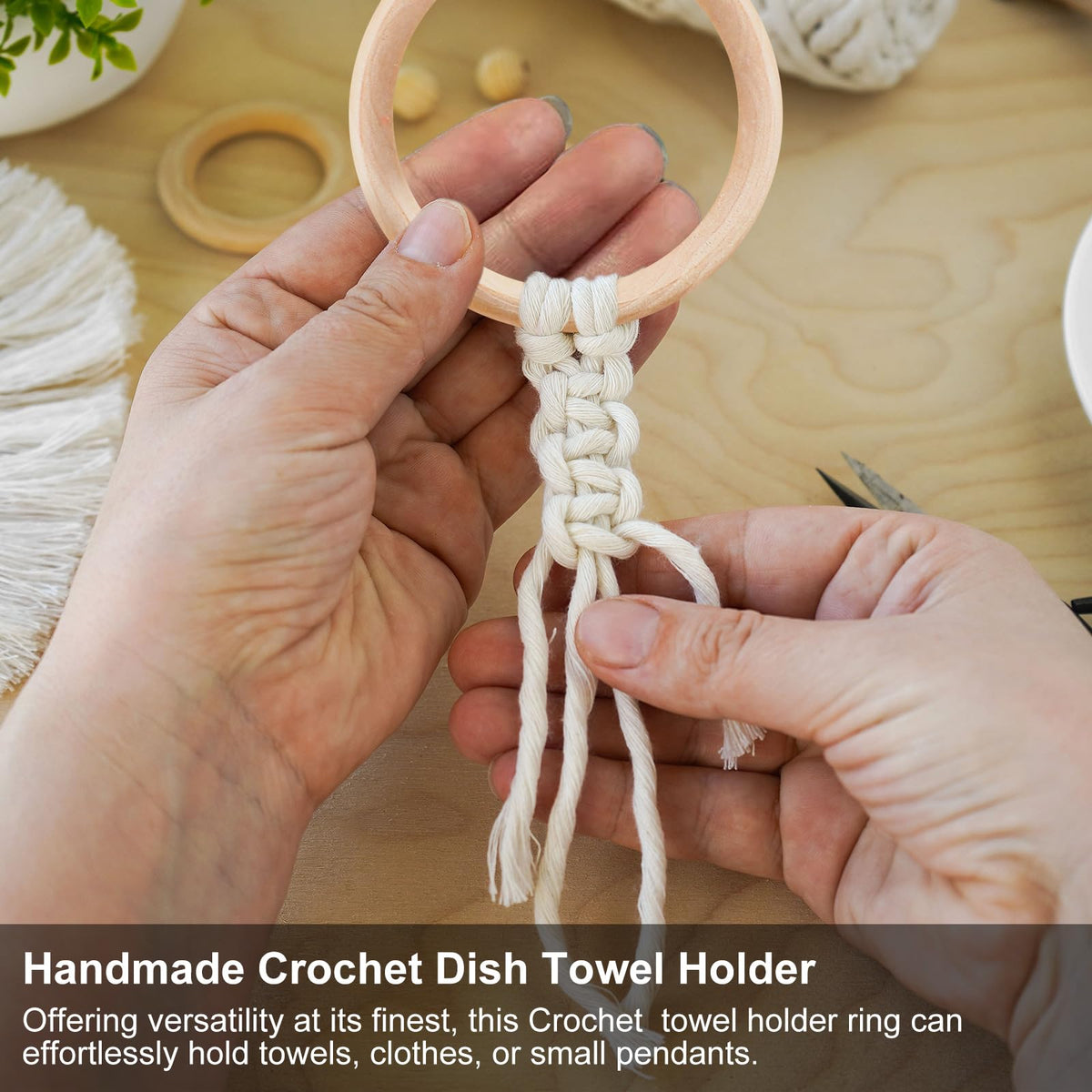 Tioncy crochet towel holder mounted on a cabinet door beside the stove
