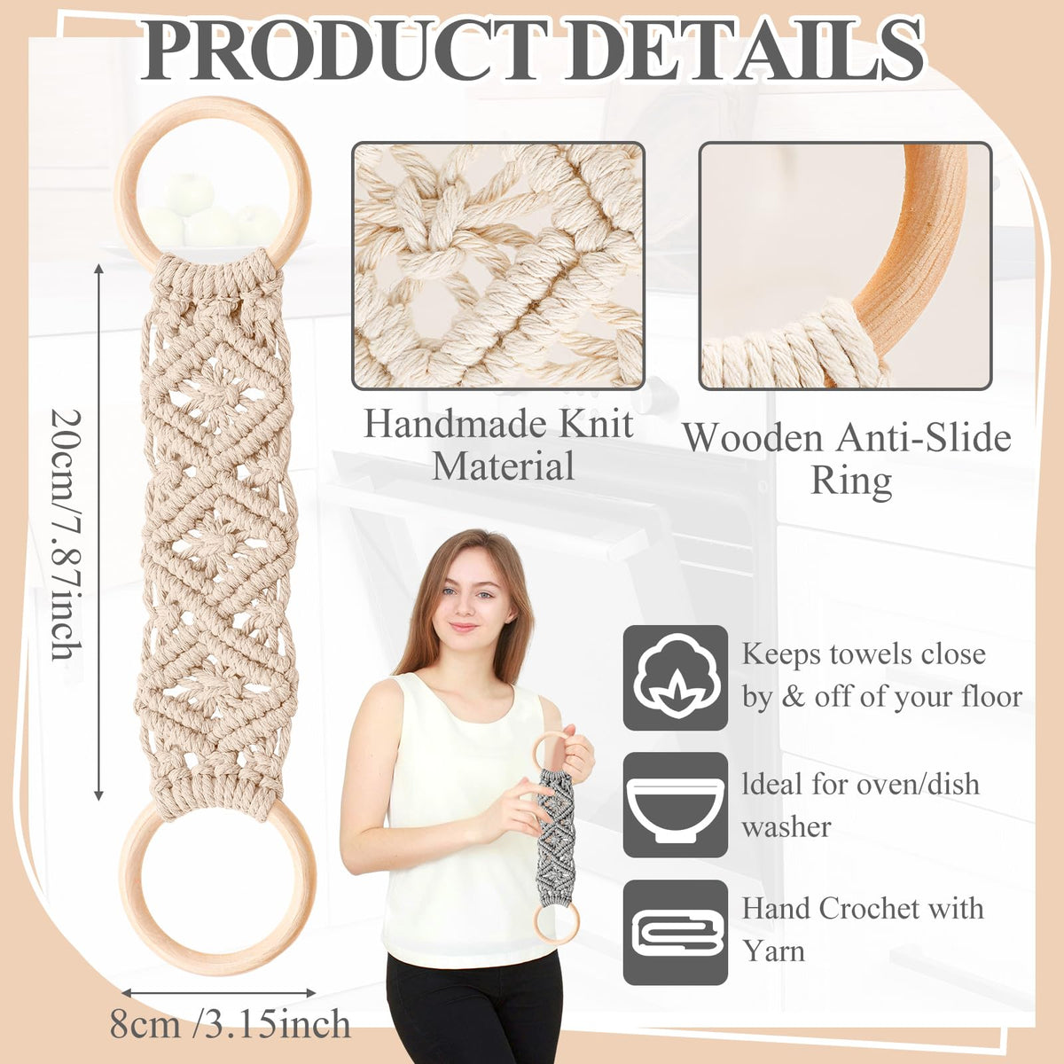 Close-up of Tioncy crochet towel holder with wood rings showing natural craft