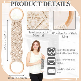 Close-up of Tioncy crochet towel holder with wood rings showing natural craft