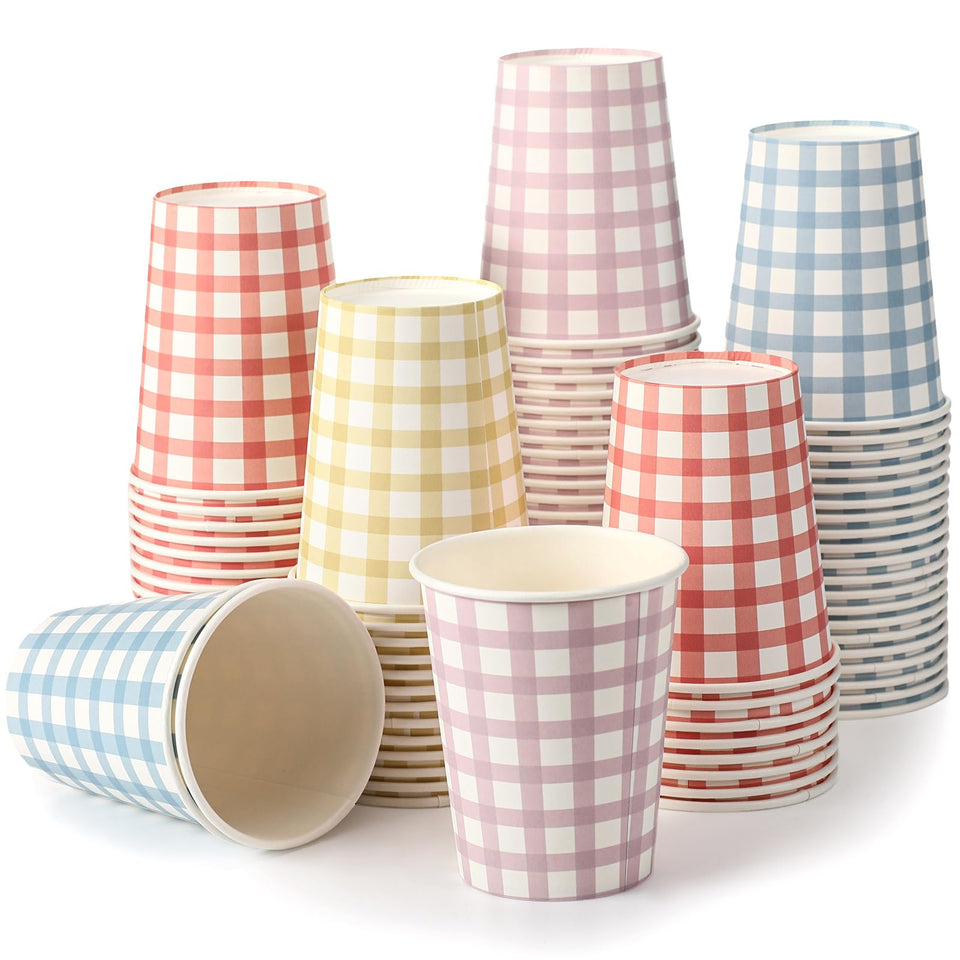 Tioncy gingham paper cups 9oz stack, sturdy and convenient for parties