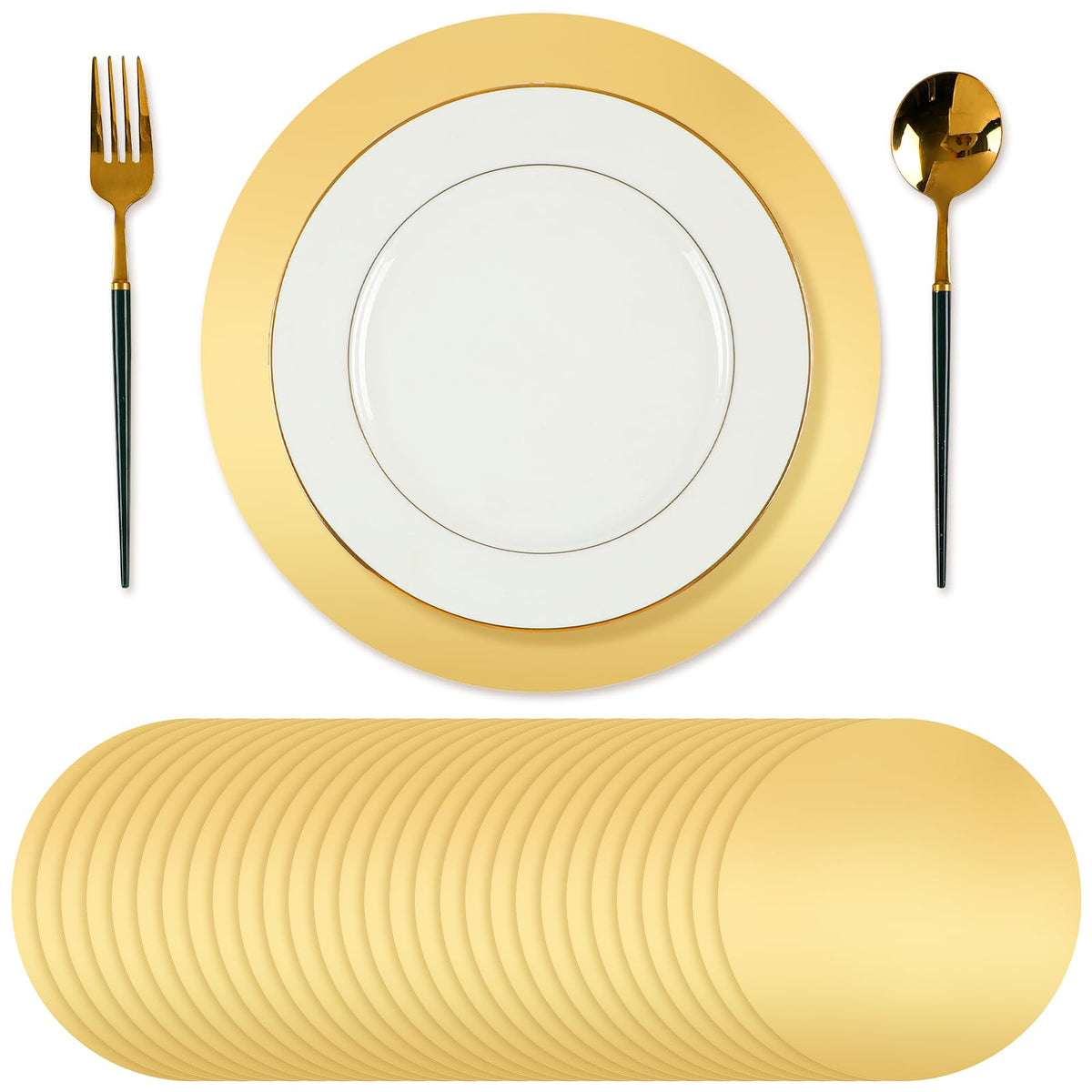 Tioncy gold round placemats shine on banquet tables, protecting surfaces.