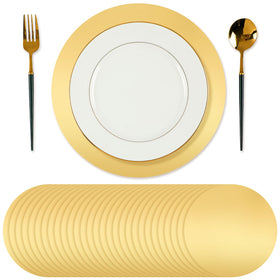 Tioncy gold round placemats shine on banquet tables, protecting surfaces.