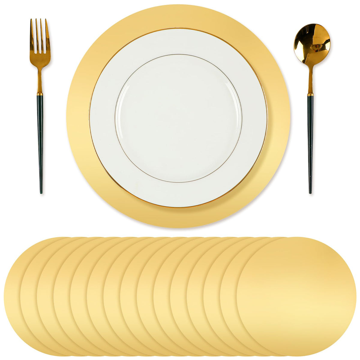 Tioncy gold round placemats, front view, disposable protection for festive tables.
