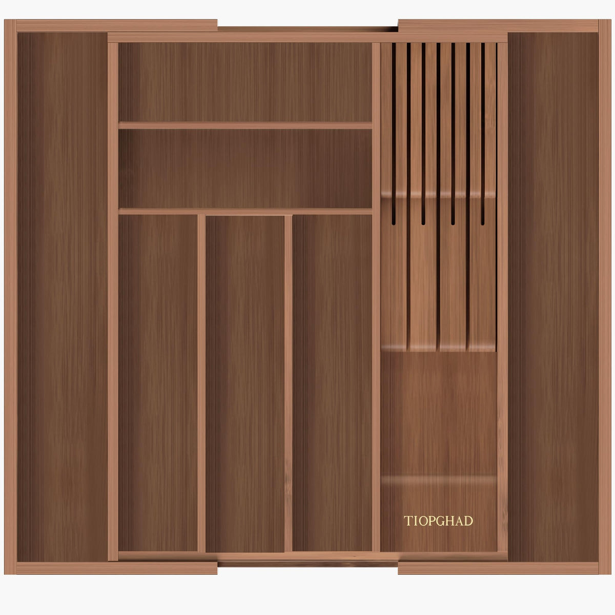 TIOPGHAD bamboo drawer organizer keeps utensils neatly stored and accessible.