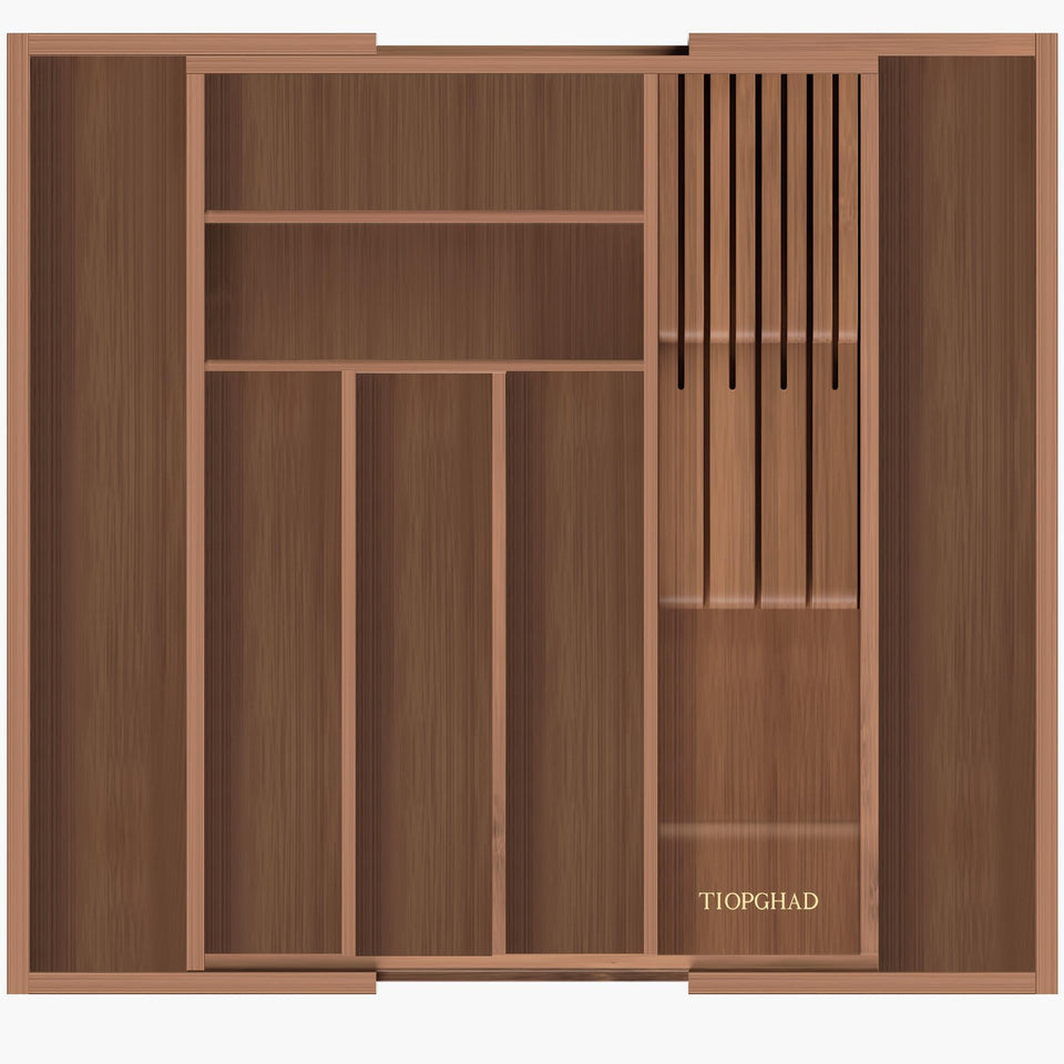 TIOPGHAD bamboo drawer organizer keeps utensils neatly stored and accessible.