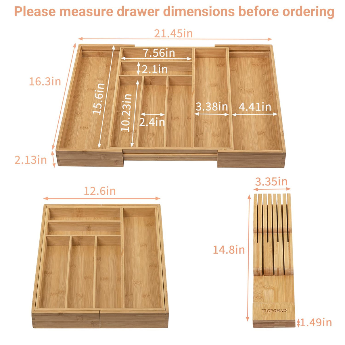 Expandable drawer organizer helps maximize drawer space for pots, spatulas, and spoons.