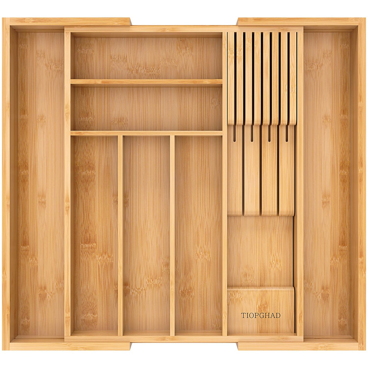 TIOPGHAD bamboo utensil organizer with knife rack keeps knives safely stored and easily accessible.