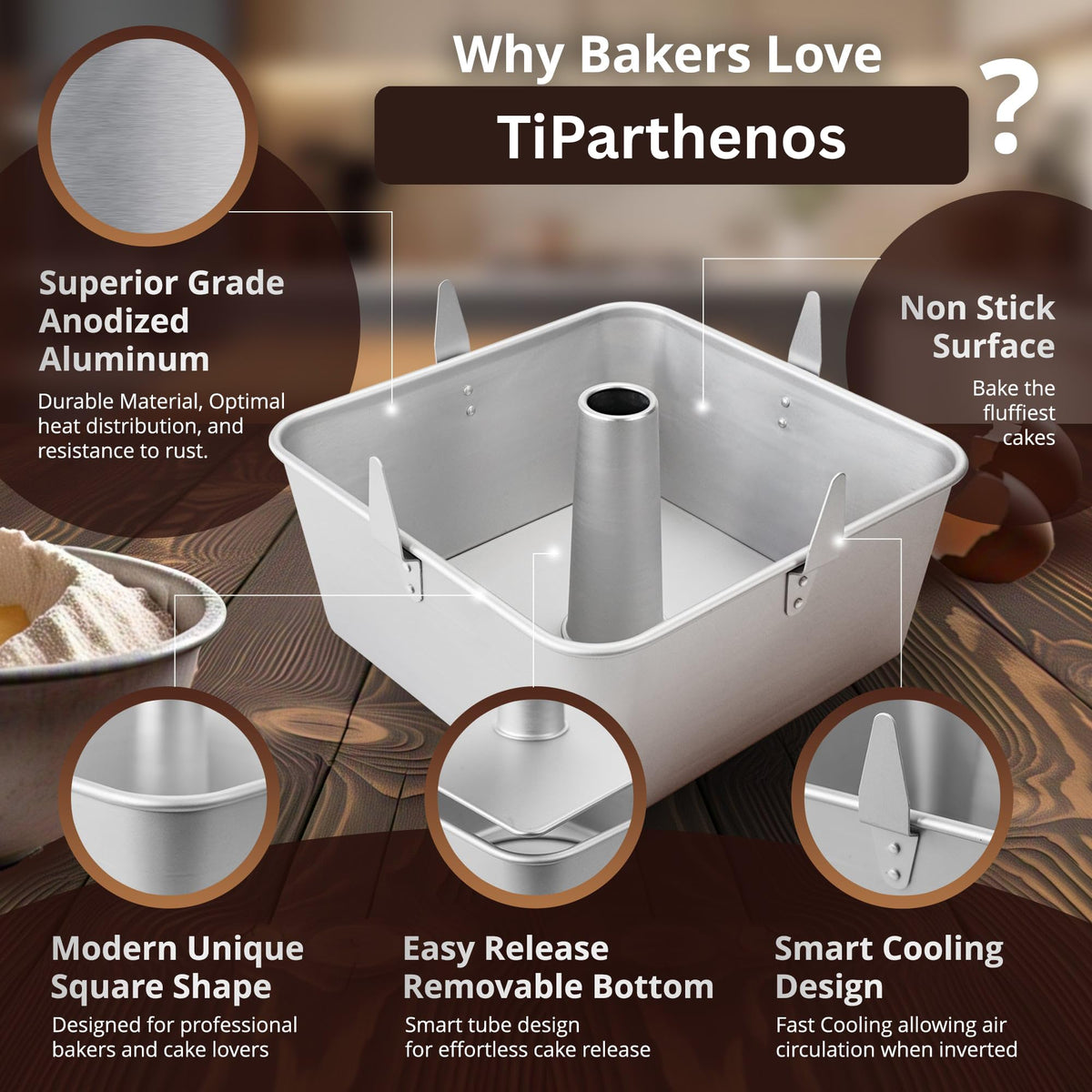TiParthenos anodized aluminum pan interior for even heat distribution