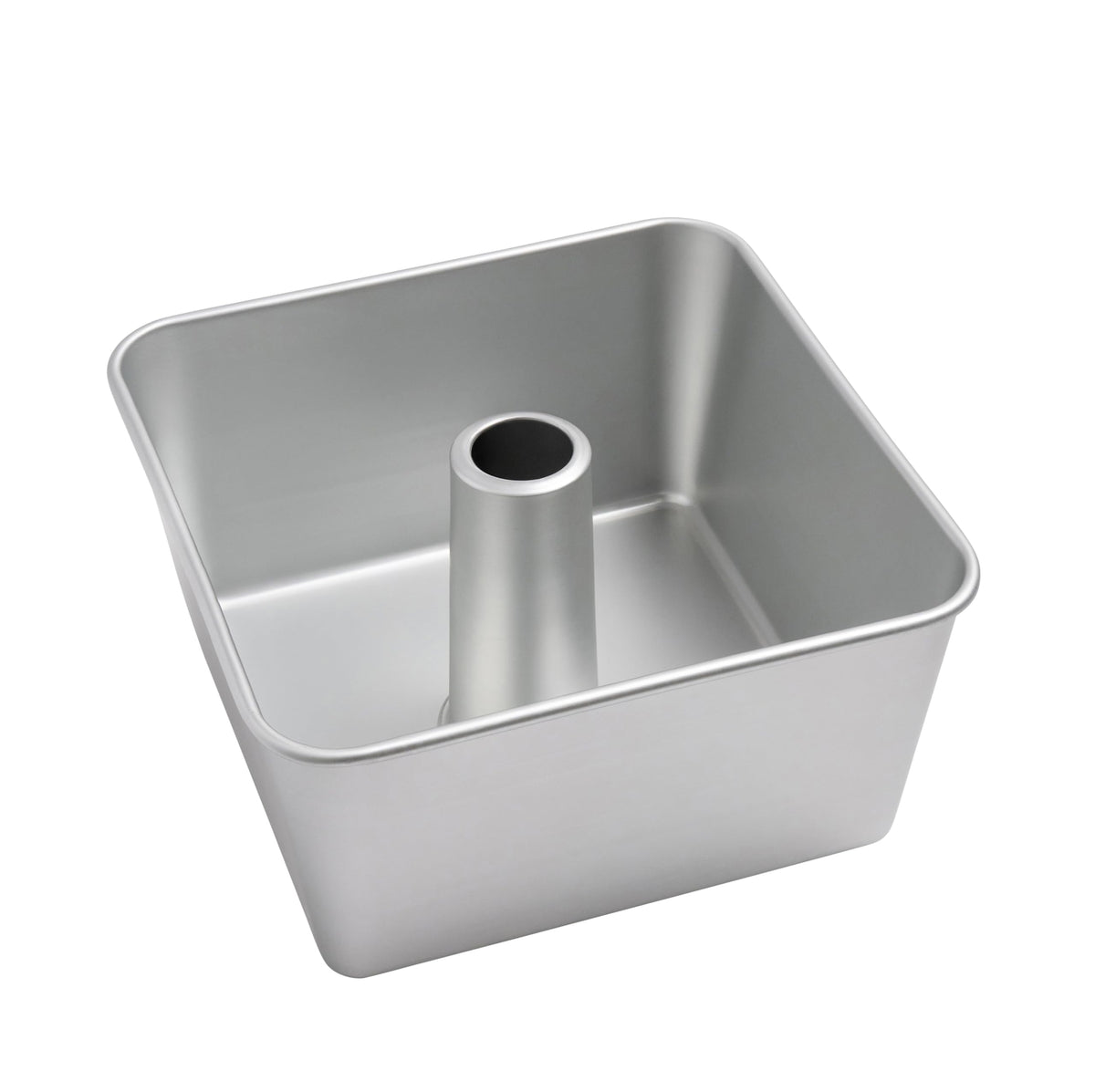 TiParthenos one-piece square tube pan top view shows 18-cup capacity for tall bakes.