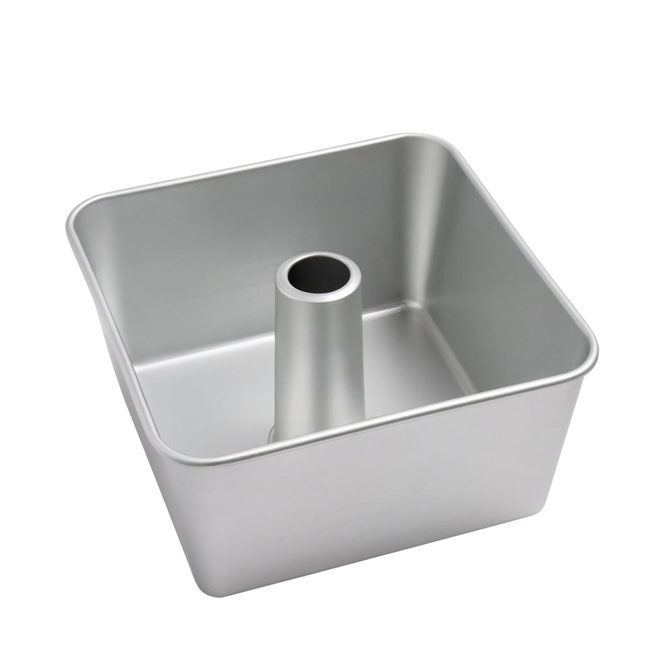 TiParthenos one-piece square tube pan top view shows 18-cup capacity for tall bakes.
