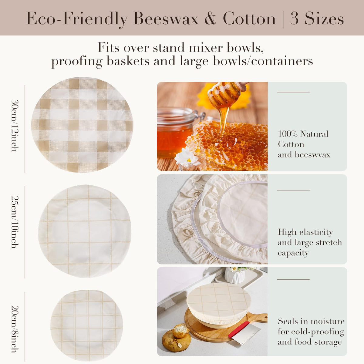 Tirphy beeswax bowl covers for 10-inch bowls regulate moisture while preserving aroma.