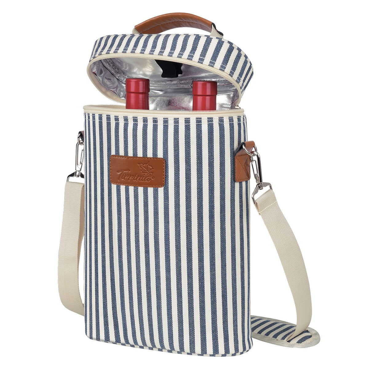 Tirrinia two-bottle insulated wine tote with padded divider for safe transport