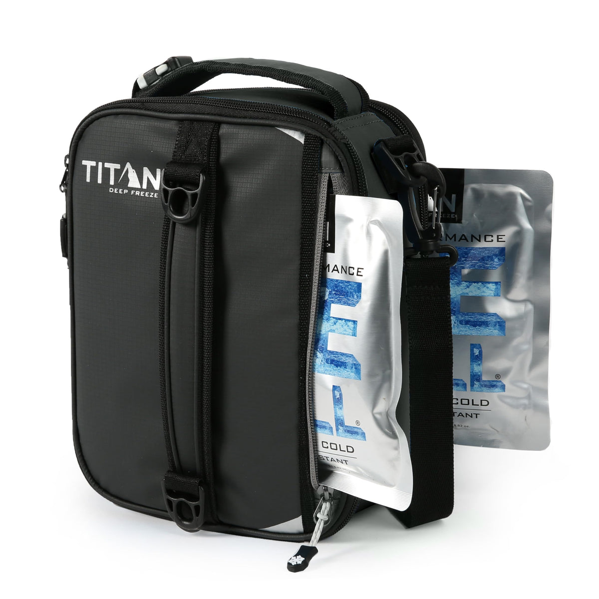 Titan Fridge Cold Expandable Lunch Pack in black and silver keeps meals cold on the go.