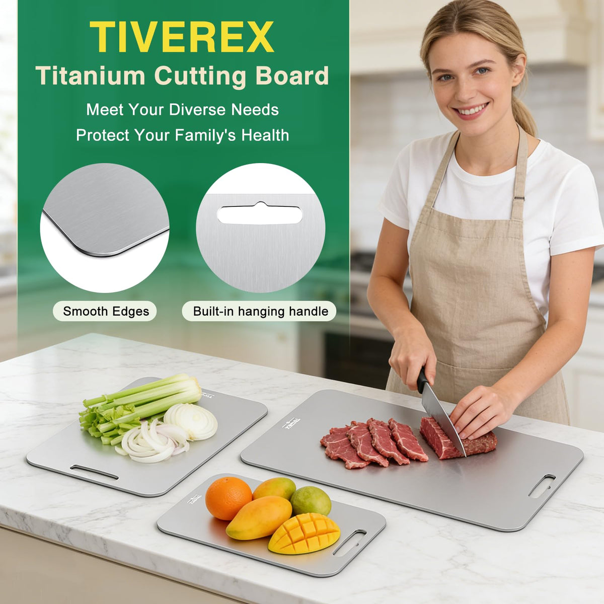 TIVEREX one-piece titanium construction showcased on a professional kitchen setup.