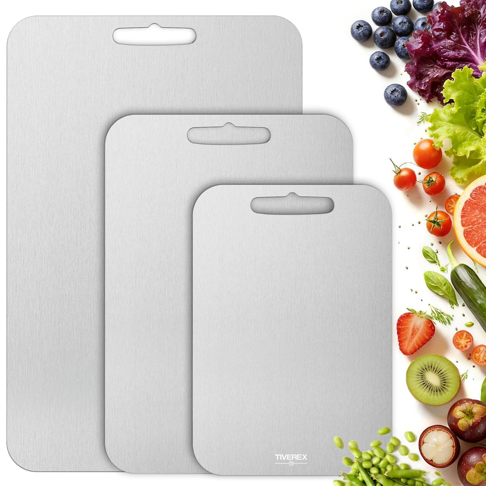 TIVEREX titanium cutting board set of 3 in premium packaging, gift-ready.