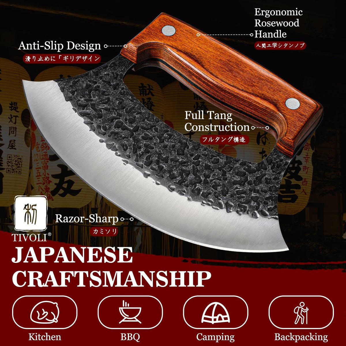 TIVOLI leather sheath protects blade for safe transport.