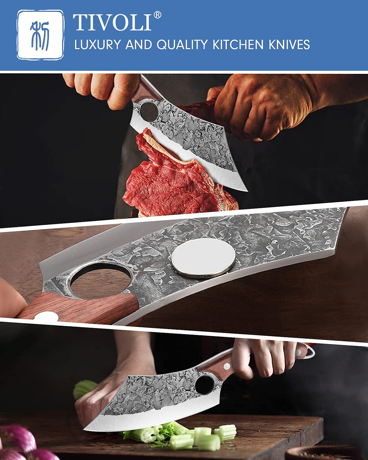 TIVOLI cleaver curved handle for comfortable grip during long prep sessions.