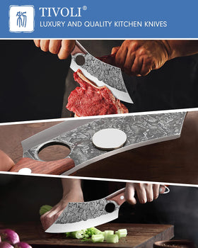 TIVOLI cleaver curved handle for comfortable grip during long prep sessions.