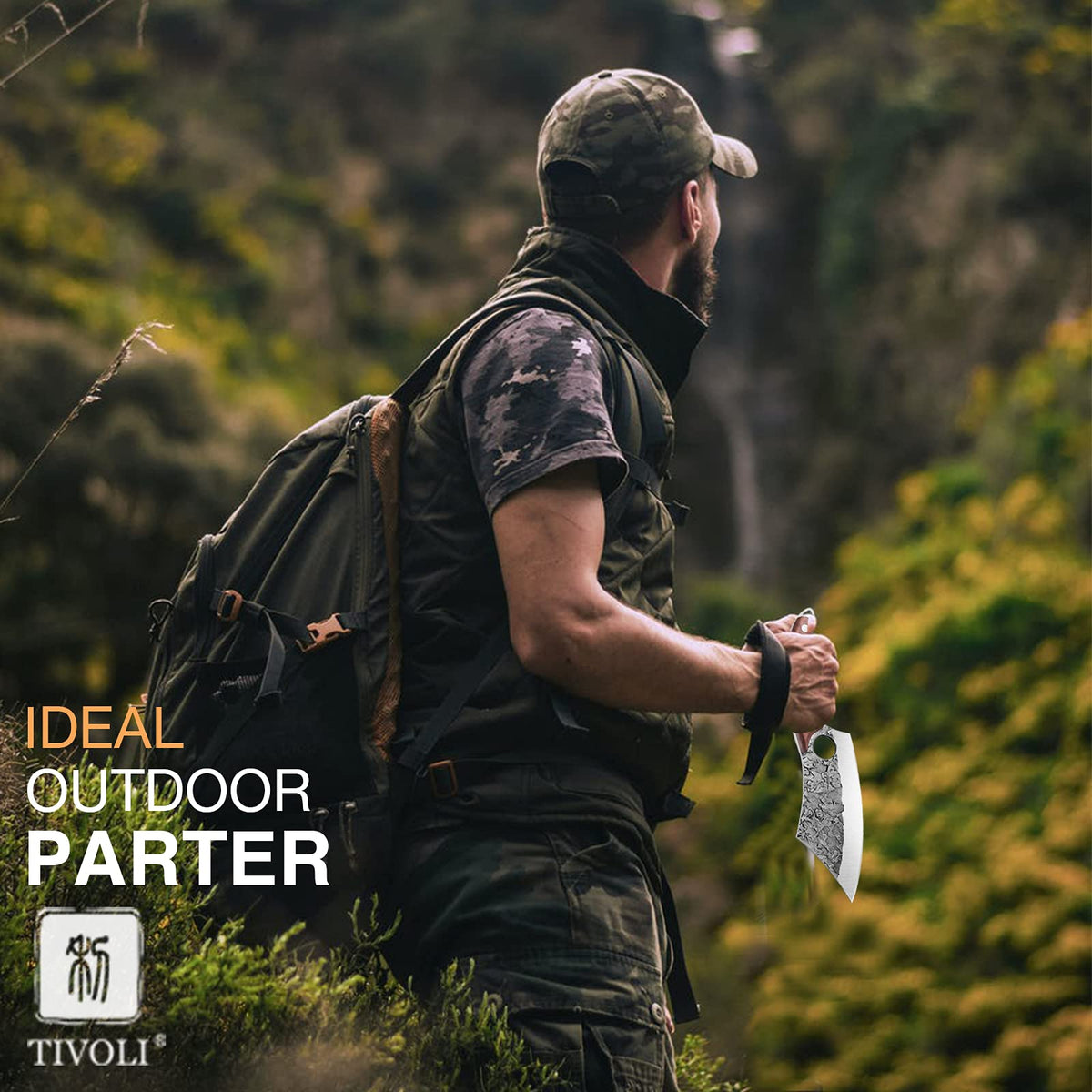 TIVOLI cleaver outdoors, ready for camping and backyard tasks.