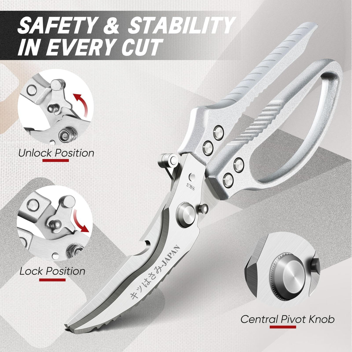 TIVOLI kitchen shears with bottle opener and fish scaler for versatility.