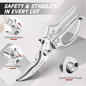 TIVOLI kitchen shears with bottle opener and fish scaler for versatility.