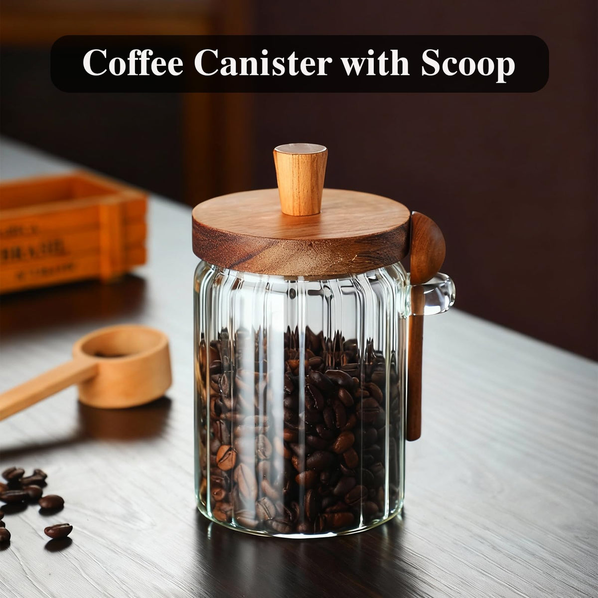 TIWPAJS coffee canister with wooden spoon for easy scooping.