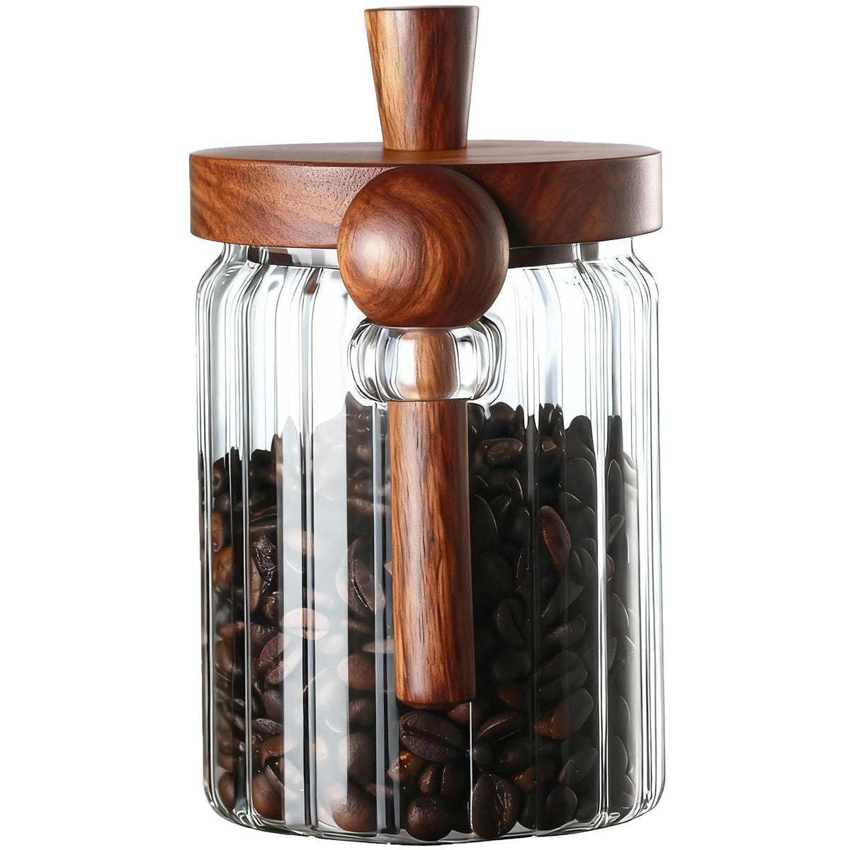 TIWPAJS coffee canister with wooden lid; ribbed glass helps keep beans fresh.