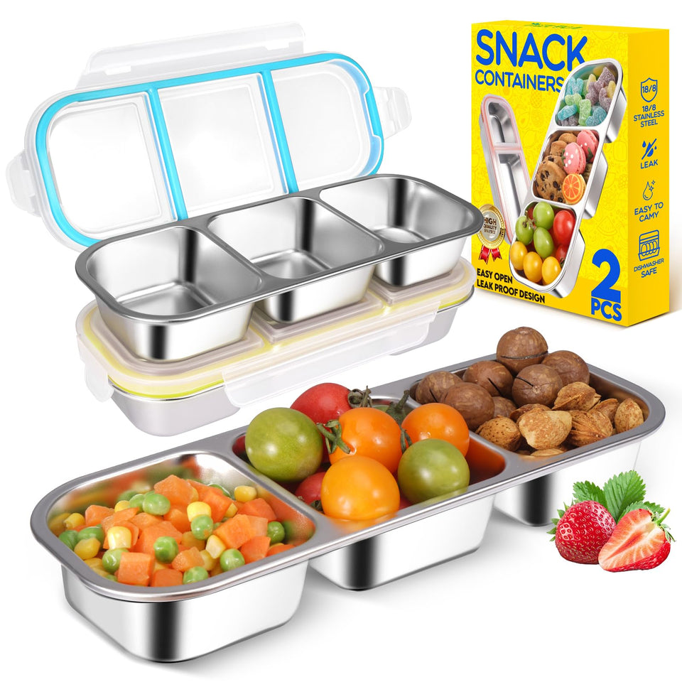 Tizuxa stainless steel snack container with three compartments for organized lunches