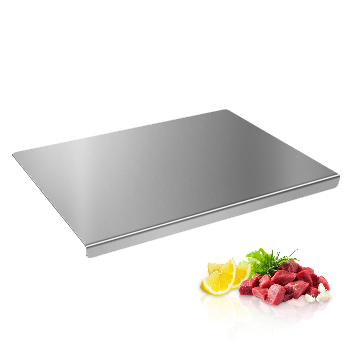 TJ POP stainless steel cutting board with lip edge stabilizes prep on crowded counters.