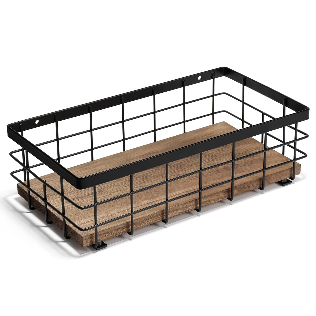 TJ.MOREE small metal wire basket on wall with wood base for tidy bathroom storage