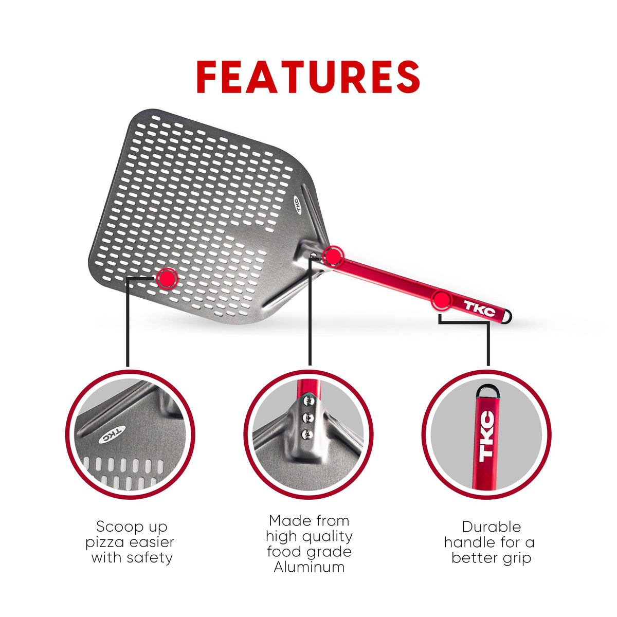 TKC extended 31-inch handle pizza peel provides extra reach.
