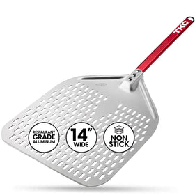 TKC perforated pizza peel with 14-inch handle for easy dough transfer.