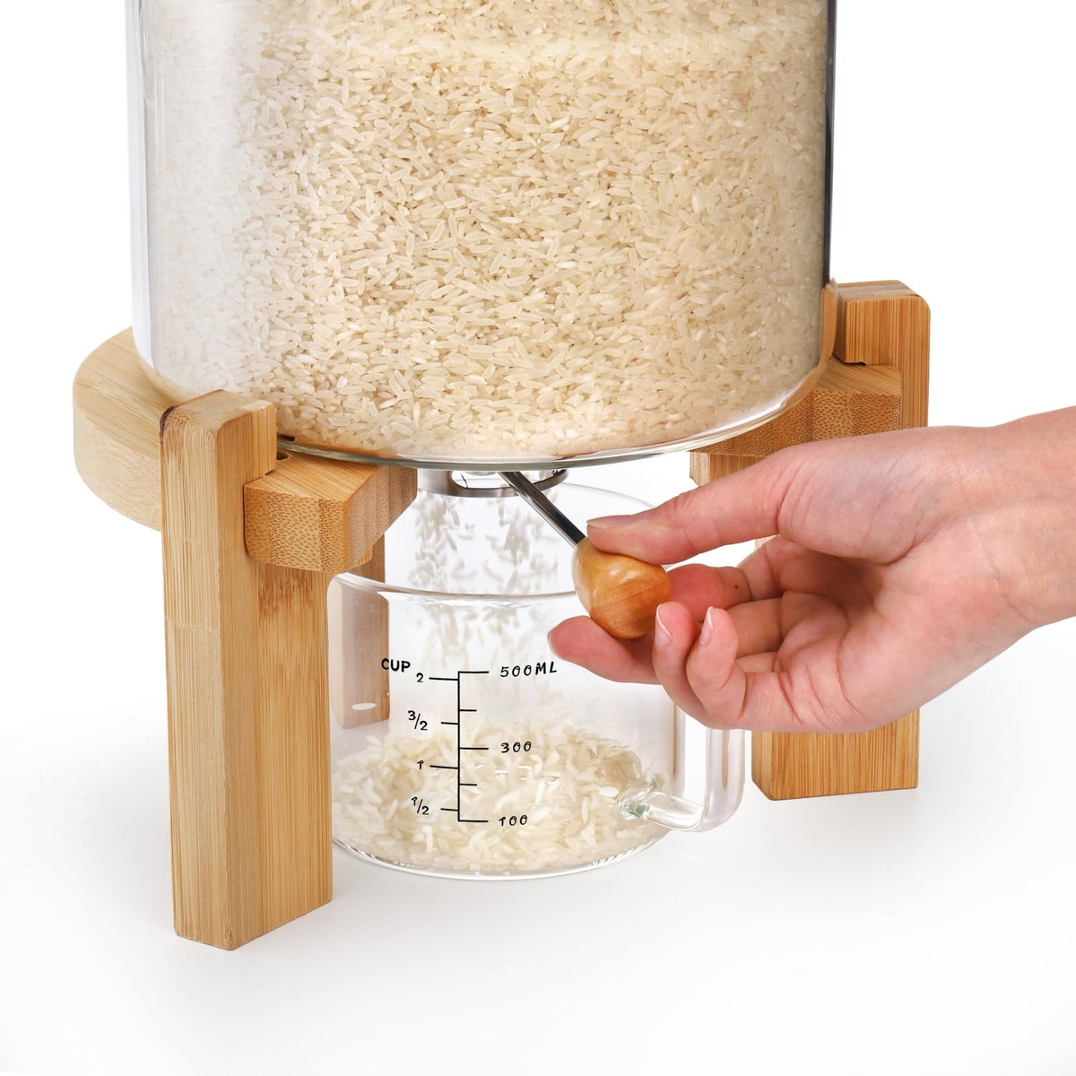 Tlence bamboo stand supports the glass dispenser with a stable, stylish base.