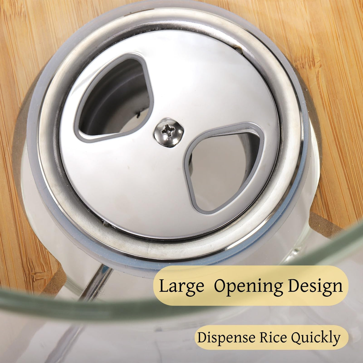 Tlence glass container for dry foods provides a see-through view of contents.