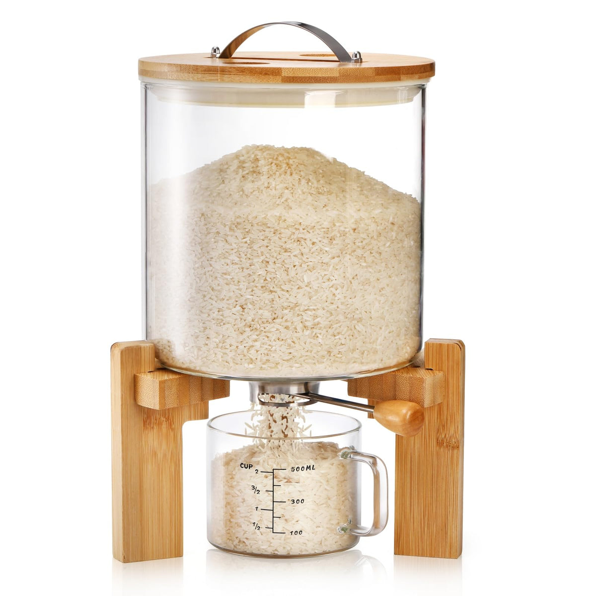Tlence glass rice dispenser with bamboo stand shows a durable, organized kitchen storage solution.