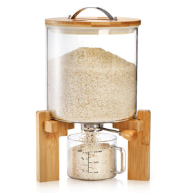 Tlence glass rice dispenser with bamboo stand shows a durable, organized kitchen storage solution.