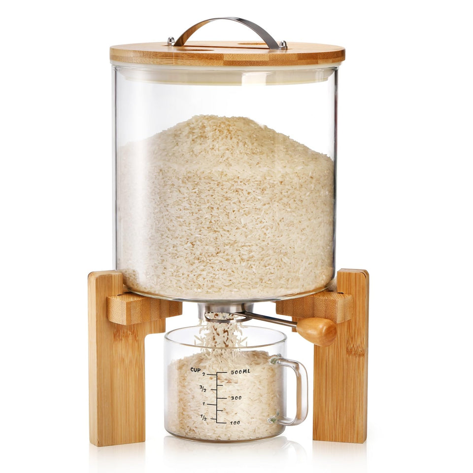 Tlence glass rice dispenser with bamboo stand shows a durable, organized kitchen storage solution.
