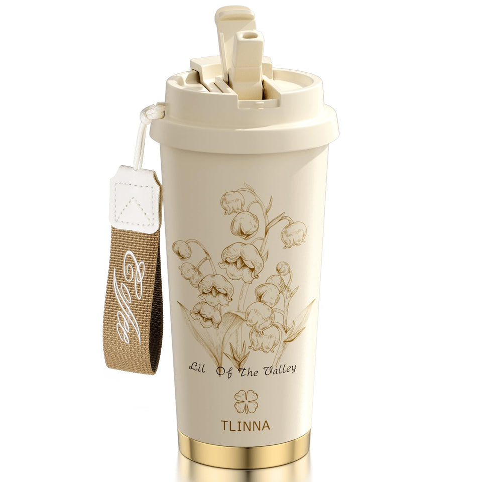 TLINNA travel mug with Bell Orchid White lid, leakproof for on-the-go hydration