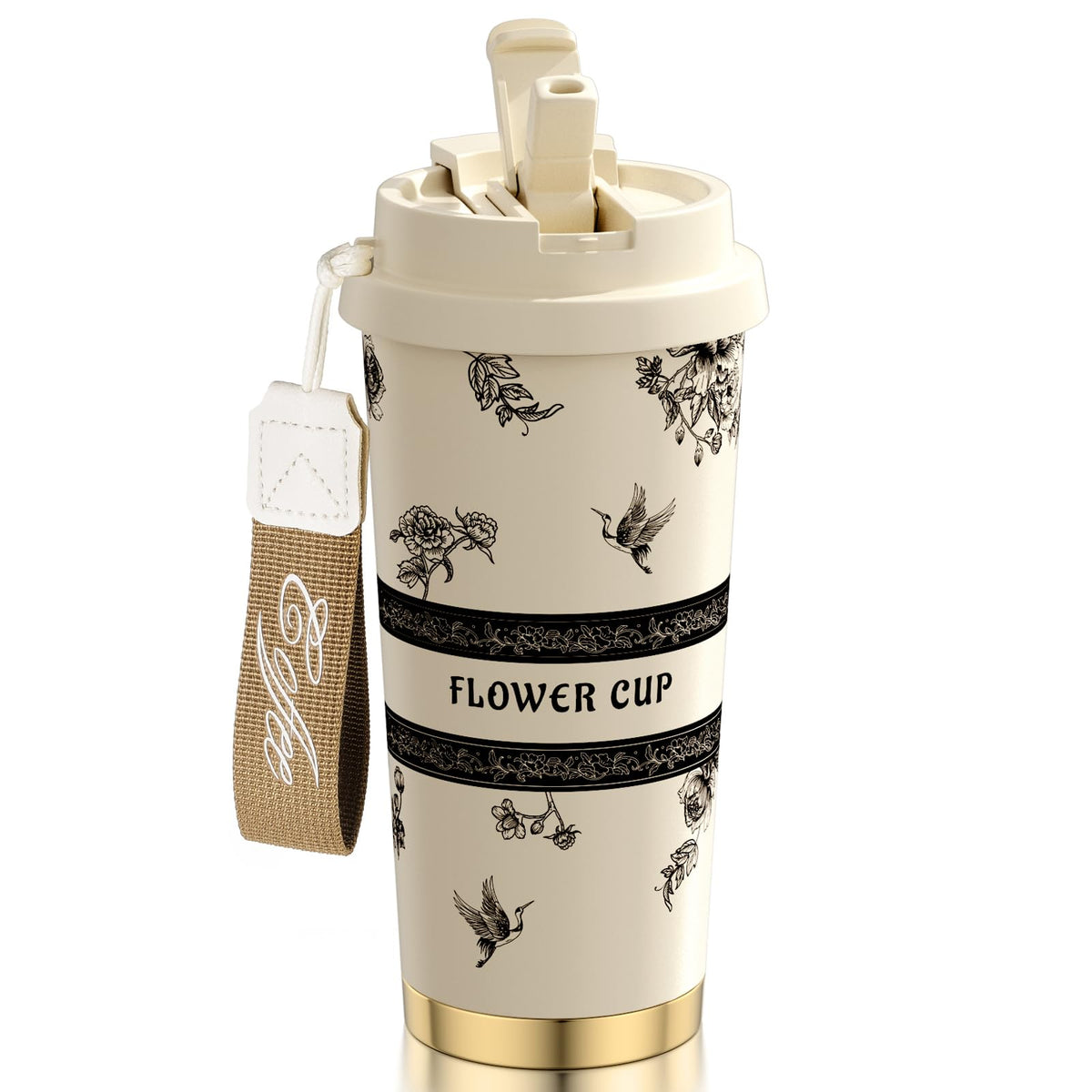 TLINNA Peony-White 18oz travel mug with open lid for spill-free on-the-go use.