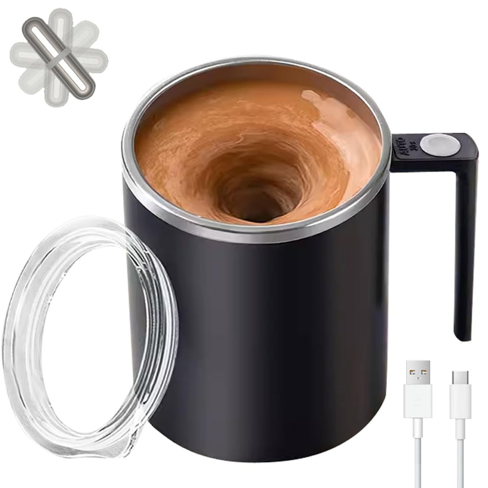 TLINNA self stirring mug with lid on, ideal for on-the-go coffee