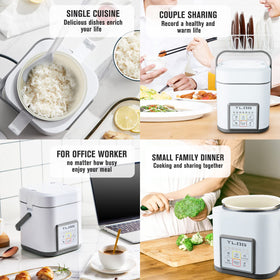 TLOG Mini Rice Cooker complete package includes pot, spoon, steam tray, and warranty.