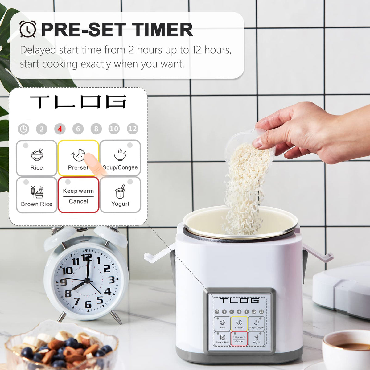 TLOG Mini Rice Cooker cooking white rice to perfection for quick meals.