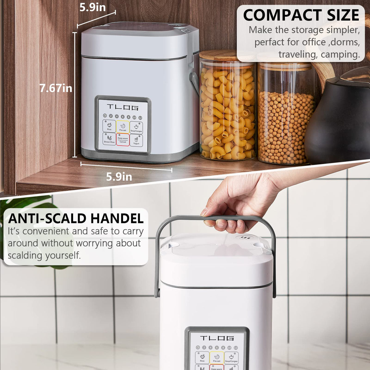 TLOG Mini Rice Cooker with steam tray elevates steaming vegetables and proteins.