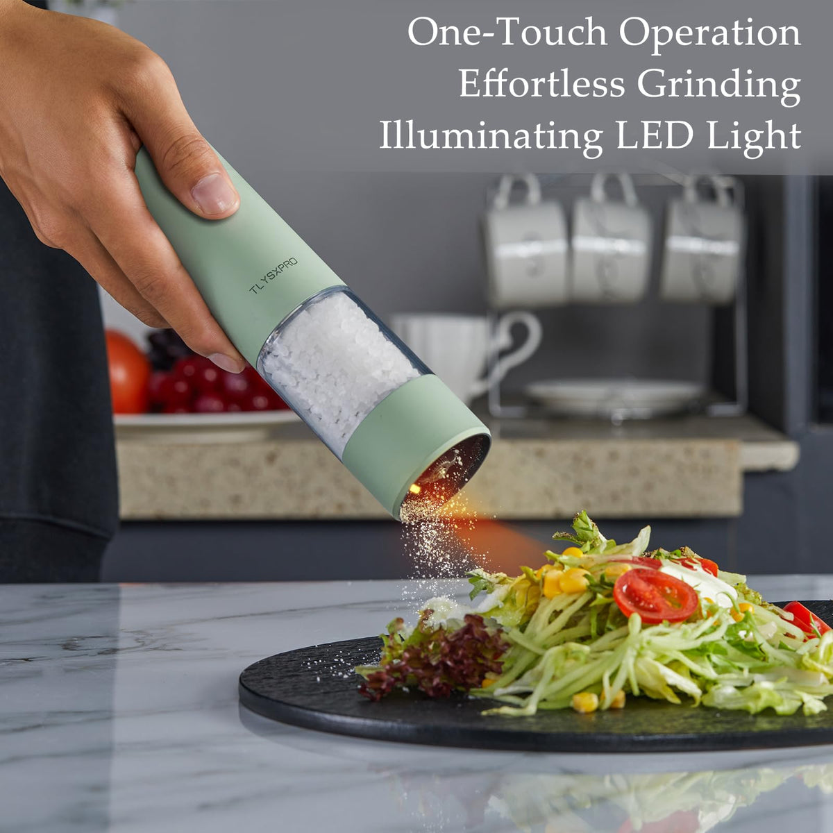 TLYSXPRO sage grinder in use, one-handed operation for quick flavoring.